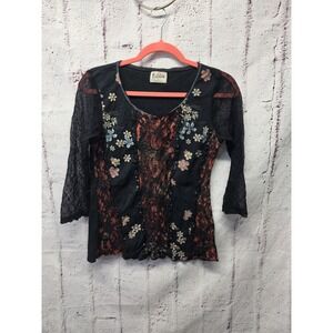 EDISTA Women's Vtg Y2K Sheer Lace 3/4 Sleeve Embellished Scoop Neck‎ Top Size L